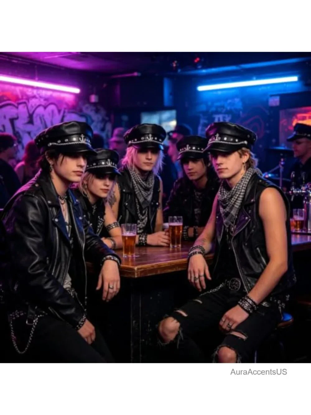 PU Leather Newsboy Hat Baker Boy Biker Cap with Chain Anchor Detail
